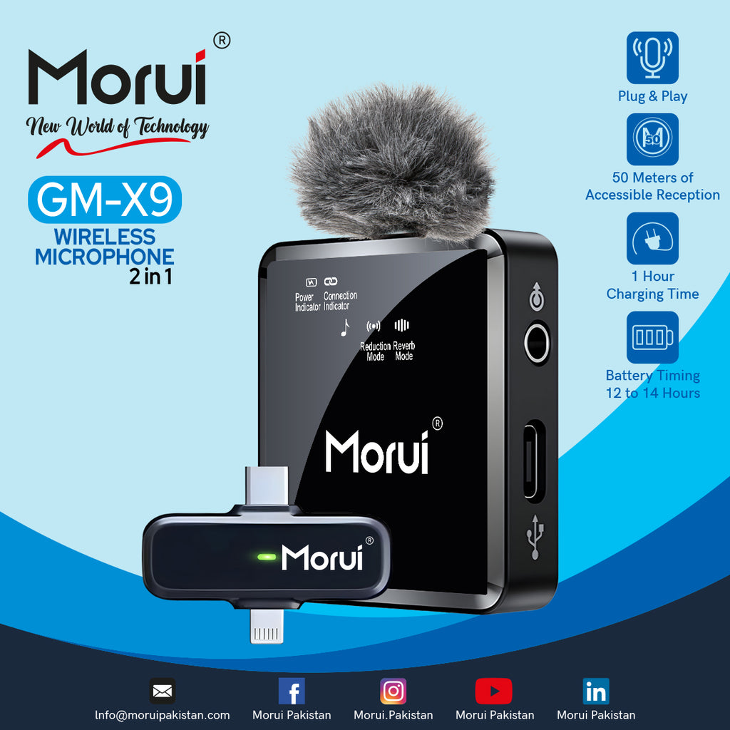 Morui GM-X9 Wireless Microphone 2-in-1 | 1 Year Warranty | Active Noise Cancellation Mic for YouTube Vlogging, Live Streaming, Smartphones & Audio Devices | Premium Studio Sound, Eco-Friendly