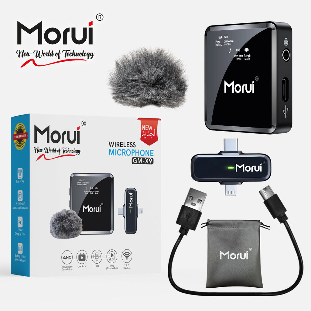 Morui GM-X9 Wireless Microphone 2-in-1 | 1 Year Warranty | Active Noise Cancellation Mic for YouTube Vlogging, Live Streaming, Smartphones & Audio Devices | Premium Studio Sound, Eco-Friendly