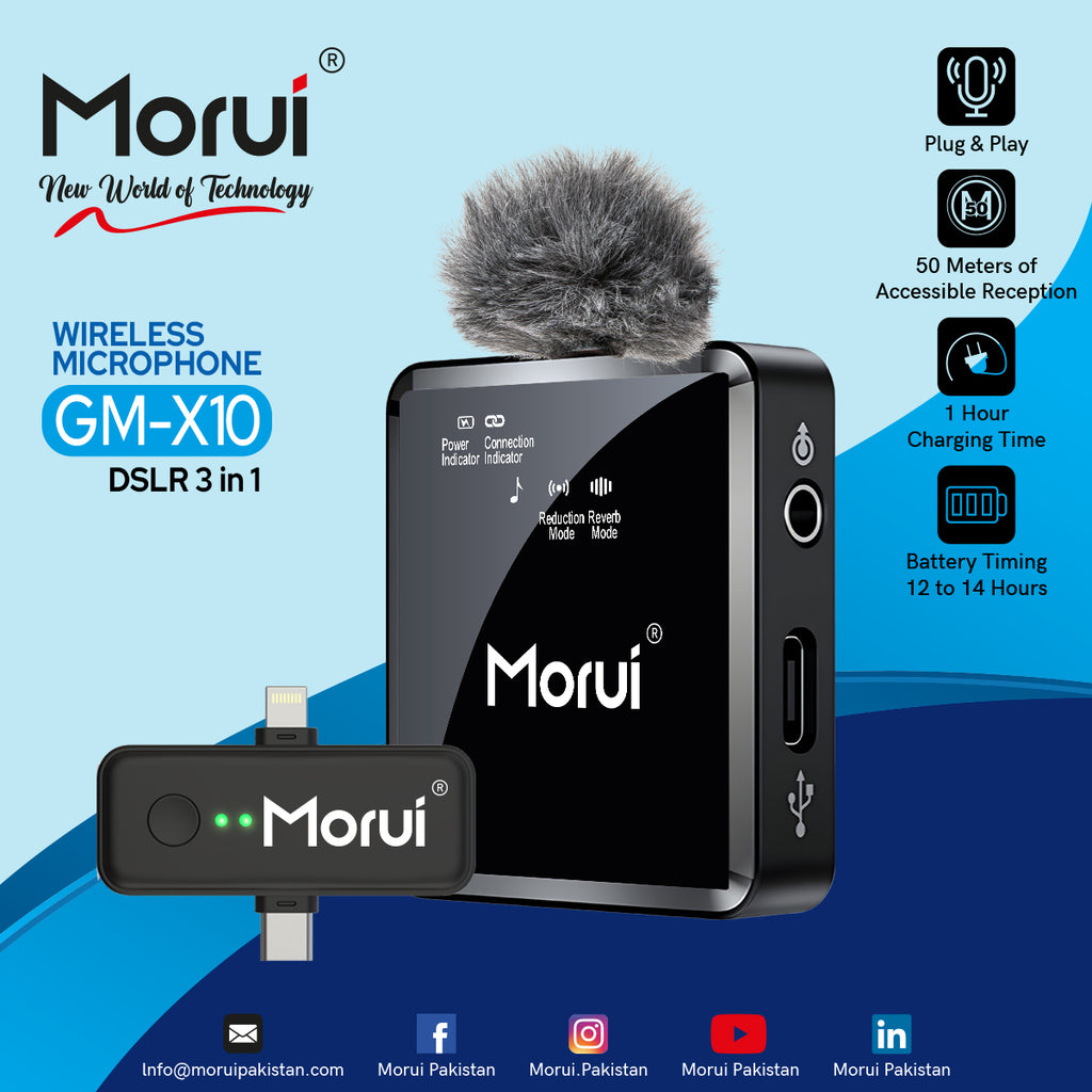 Morui GM-X10 Wireless Microphone 3-in-1 | 1 Year Warranty | Active Noise Cancellation Mic for YouTube Vlogging, Live Streaming, DSLR, Smartphones & Audio Devices | Premium Studio Sound, Eco-Friendly & AUX Support