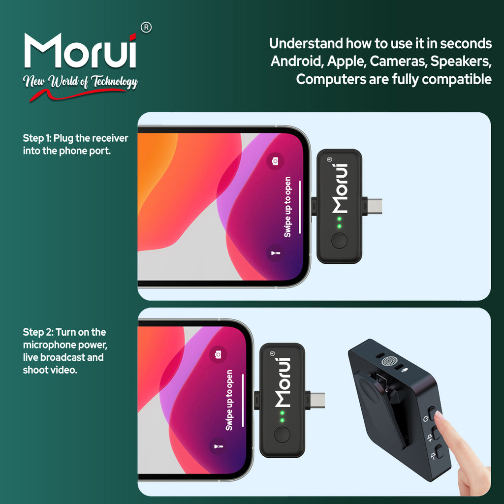 Morui GM-X10 Wireless Microphone 3-in-1 | 1 Year Warranty | Active Noise Cancellation Mic for YouTube Vlogging, Live Streaming, DSLR, Smartphones & Audio Devices | Premium Studio Sound, Eco-Friendly & AUX Support