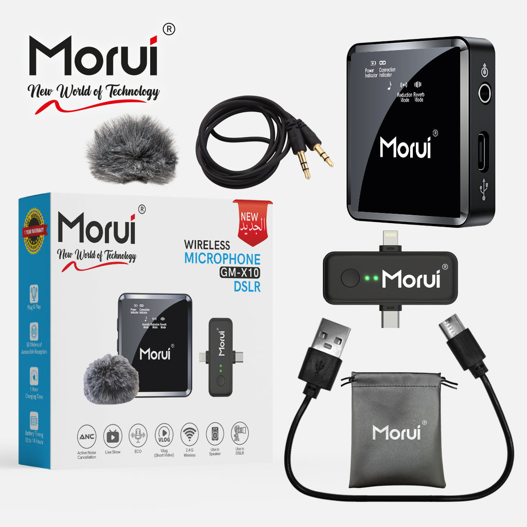 Morui GM-X10 Wireless Microphone 3-in-1 | 1 Year Warranty | Active Noise Cancellation Mic for YouTube Vlogging, Live Streaming, DSLR, Smartphones & Audio Devices | Premium Studio Sound, Eco-Friendly & AUX Support