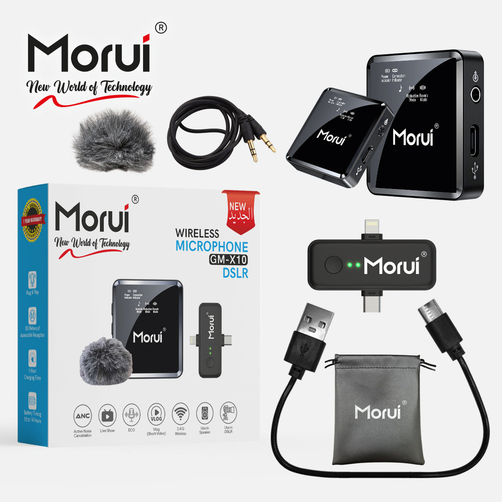 Morui GM-X10 Wireless Microphone 4-in-1 | 1 Year Warranty | Active Noise Cancellation Mic for YouTube Vlogging, Live Streaming, DSLR, Smartphones & Audio Devices | Premium Studio Sound, Eco-Friendly & AUX Support