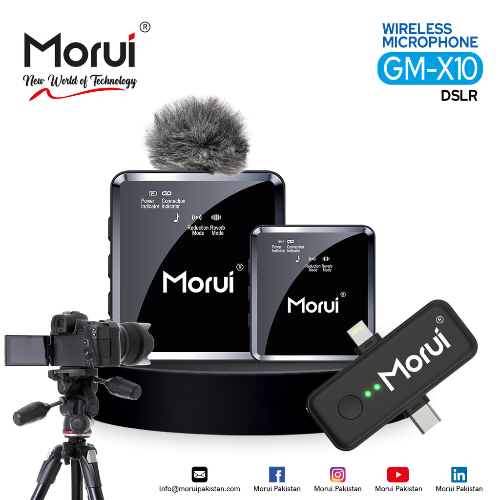 Morui GM-X10 Wireless Microphone 4-in-1 | 1 Year Warranty | Active Noise Cancellation Mic for YouTube Vlogging, Live Streaming, DSLR, Smartphones & Audio Devices | Premium Studio Sound, Eco-Friendly & AUX Support