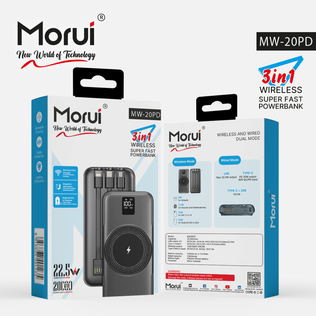 Super Fast Wireless Power Bank 20000mAh 22.5W LED Display High Quality Li-Polimer - MORUI MW-20PD